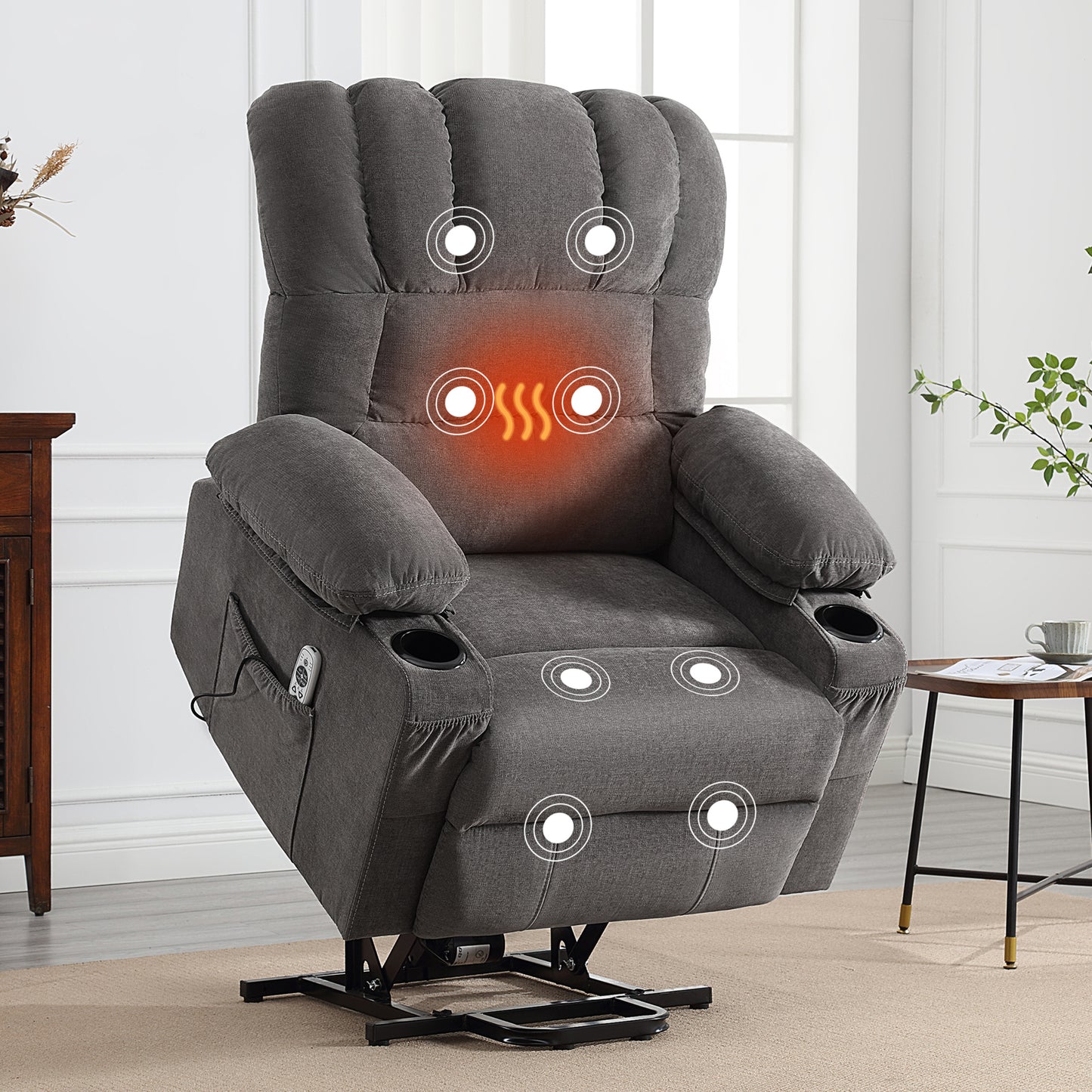 HSUNNS Power Lift Recliner Chair for Elderly, Electric Recliners with Heat and Massage, USB Charge Port, Cup Holders, Infinite Position and Side Pockets, Fabric Single Sofa for Living Room, Brown