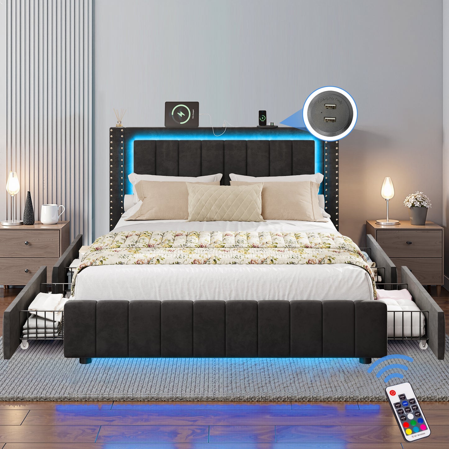 Full Bed Frame with Headboard and LED Lights, SYNGAR Platform Bed Base with 4 Storage Drawers and USB Port, Modern Platform Bed Frame No Box Spring Needed with Upholstered Headboard,Easy Assembly