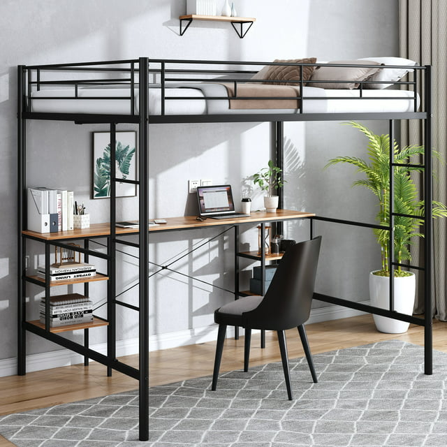 Syngar Loft Beds Full Size with Desk, 2 Slides, Stairs, Full-Length Guardrail, 4 Storage Shelves, Bunk Beds with Desk for Kids/Teens Bedroom, Heavy Duty Metal, 21 Slats Support, Full, Black