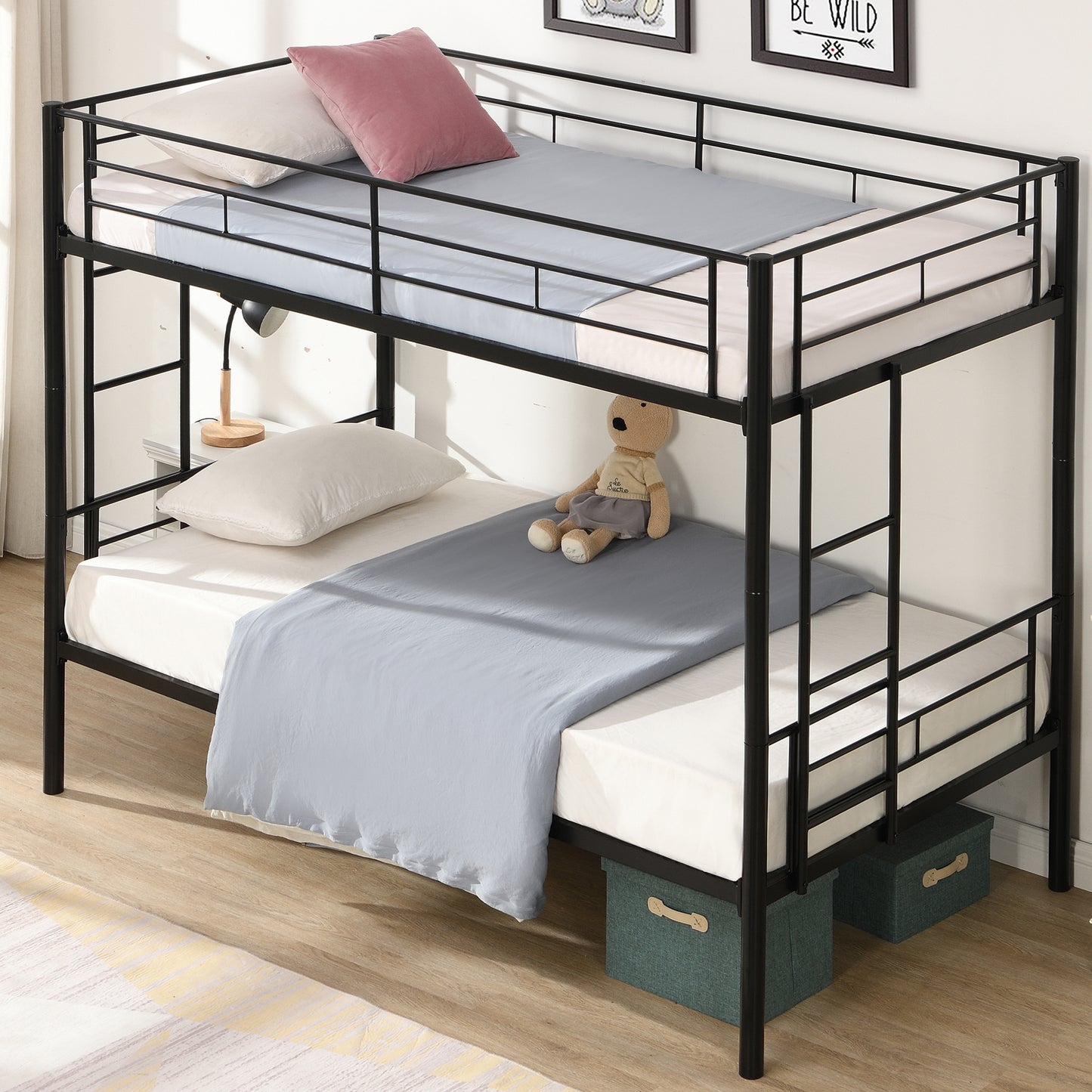 SYNGAR Twin Over Twin Steel Bunk Beds Frame with Ladder for Bedroom Dorm, Twin Bunk Beds for Kids Adult Children, Industrial Bunkbed No Box Spring Required, Black