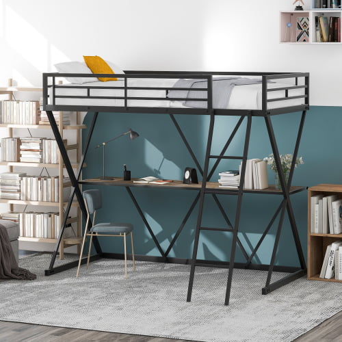 SYNGAR Loft Bed with Desk, Metal Bed Frame Twin with Desk and Ladder, Platform Bed Frame No Box Spring Needed, Black, LJ510