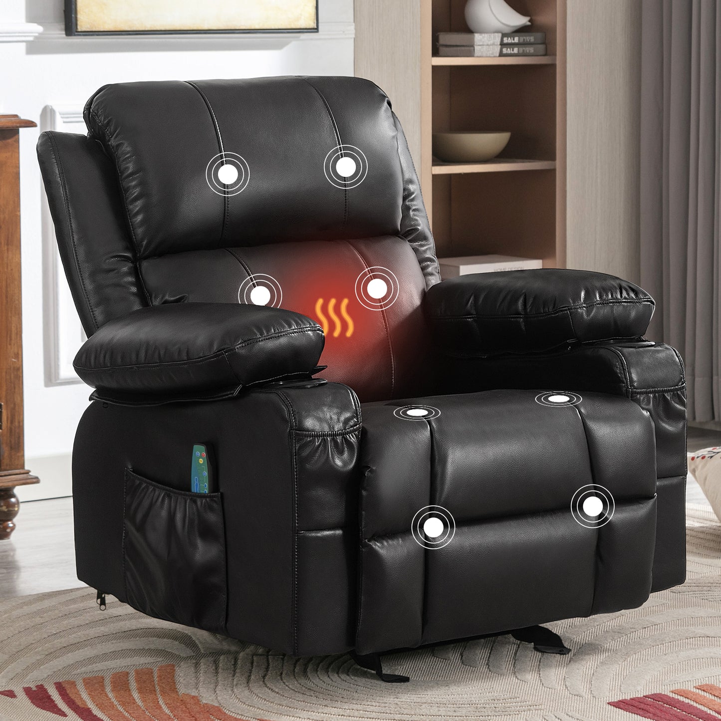 SYNGAR Manual Recliner Chair with Heat Therapy and Massage Function, Heavy Duty Reclining Mechanism Massage Chair, Elderly Single Rocker Sofa with Cup Holders for Bedroom Home Theater, Brown