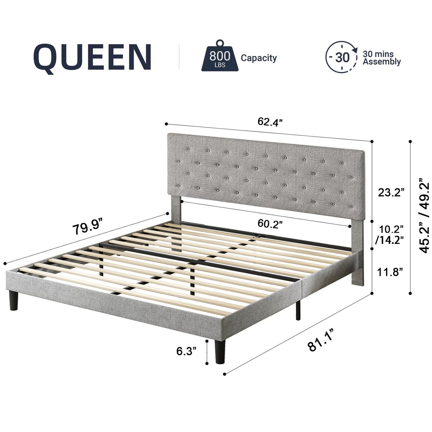 SYNGAR Queen Size Bed Frame, Fabric Upholstered Platform Bed Frame with Adjustable Button Tufted Headboard, Bedroom Furniture with Strong Wooden Slat Support, No Box Spring Needed, Light Gray