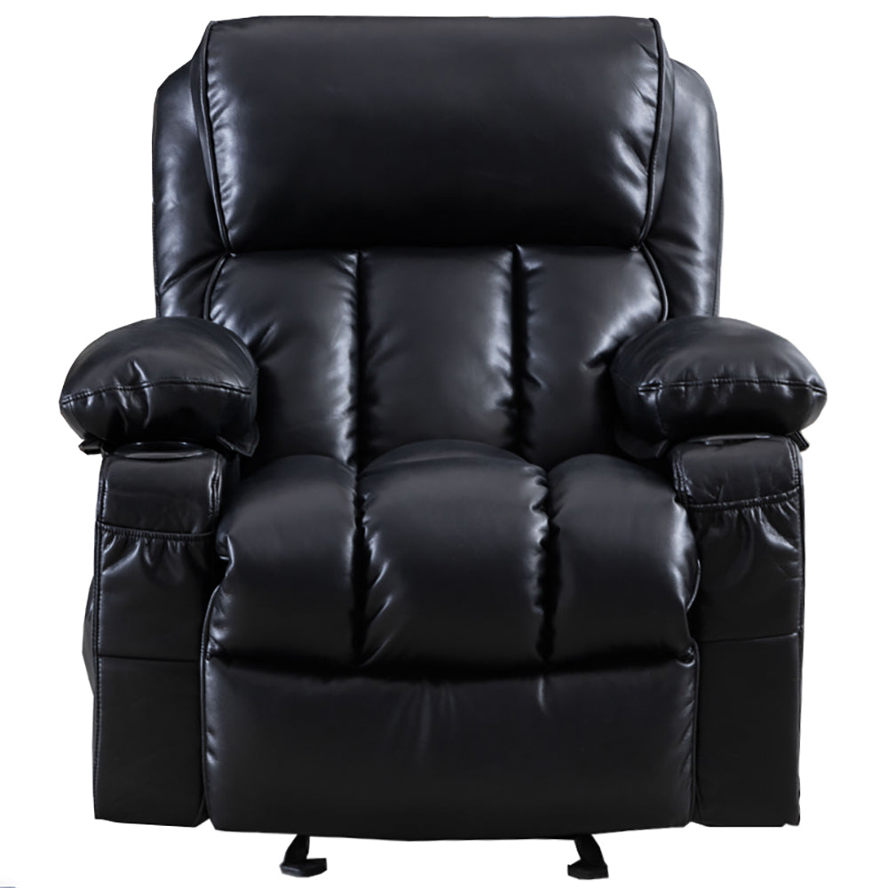 SYNGAR Manual Recliner Chair with Heat and Vibration Massage, Faux Leather Elderly Single Reclining Rocker Sofa with USB Charge Port, Cup Holders and Side Pocket for Bedroom Home Theater, Black