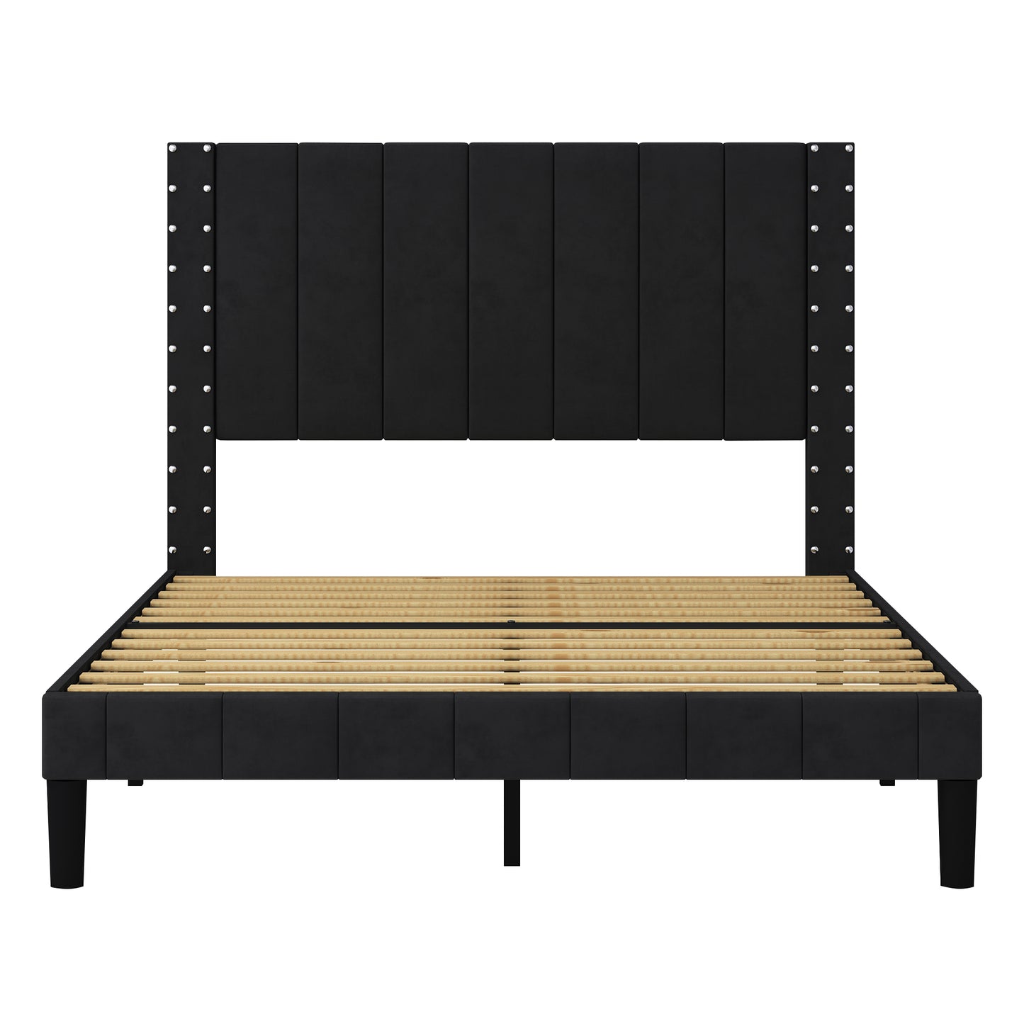 SYNGAR Full Bed Frame, Full Size Fabric Upholstered Platform Bed Frame with Rivets Vertical Channel Headboard, Bedroom Furniture Metal Frame Platform Bed Frame, No Box Spring Needed, Black