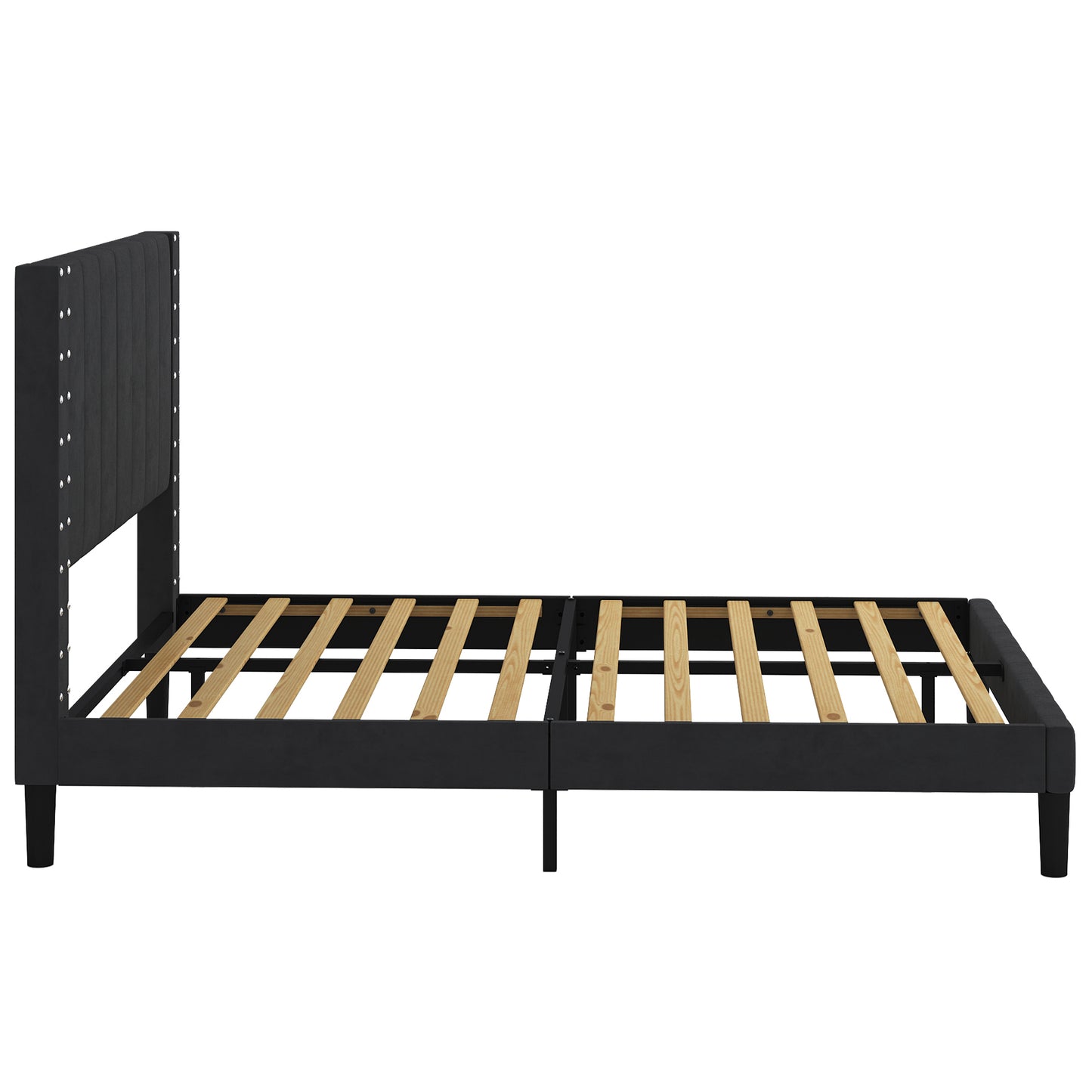 SYNGAR Full Bed Frame, Full Size Fabric Upholstered Platform Bed Frame with Rivets Vertical Channel Headboard, Bedroom Furniture Metal Frame Platform Bed Frame, No Box Spring Needed, Black