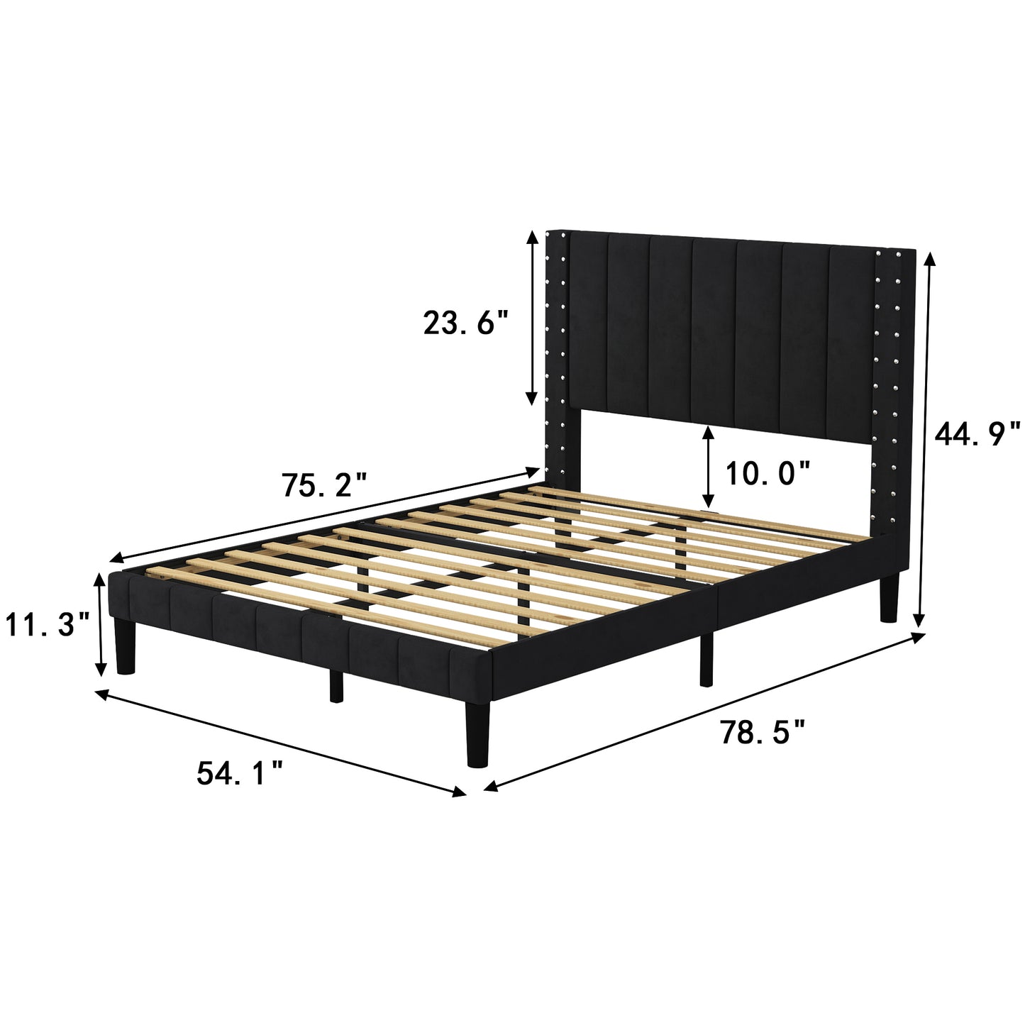 SYNGAR Full Bed Frame, Full Size Fabric Upholstered Platform Bed Frame with Rivets Vertical Channel Headboard, Bedroom Furniture Metal Frame Platform Bed Frame, No Box Spring Needed, Black