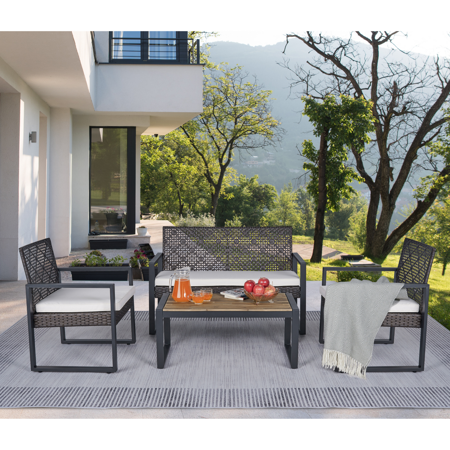 4-Piece Outdoor Patio Furniture, Rattan Balcony Porch Conversation Set with Cushions, PE Wicker Sectional Sofa W/Acacia Wood Table