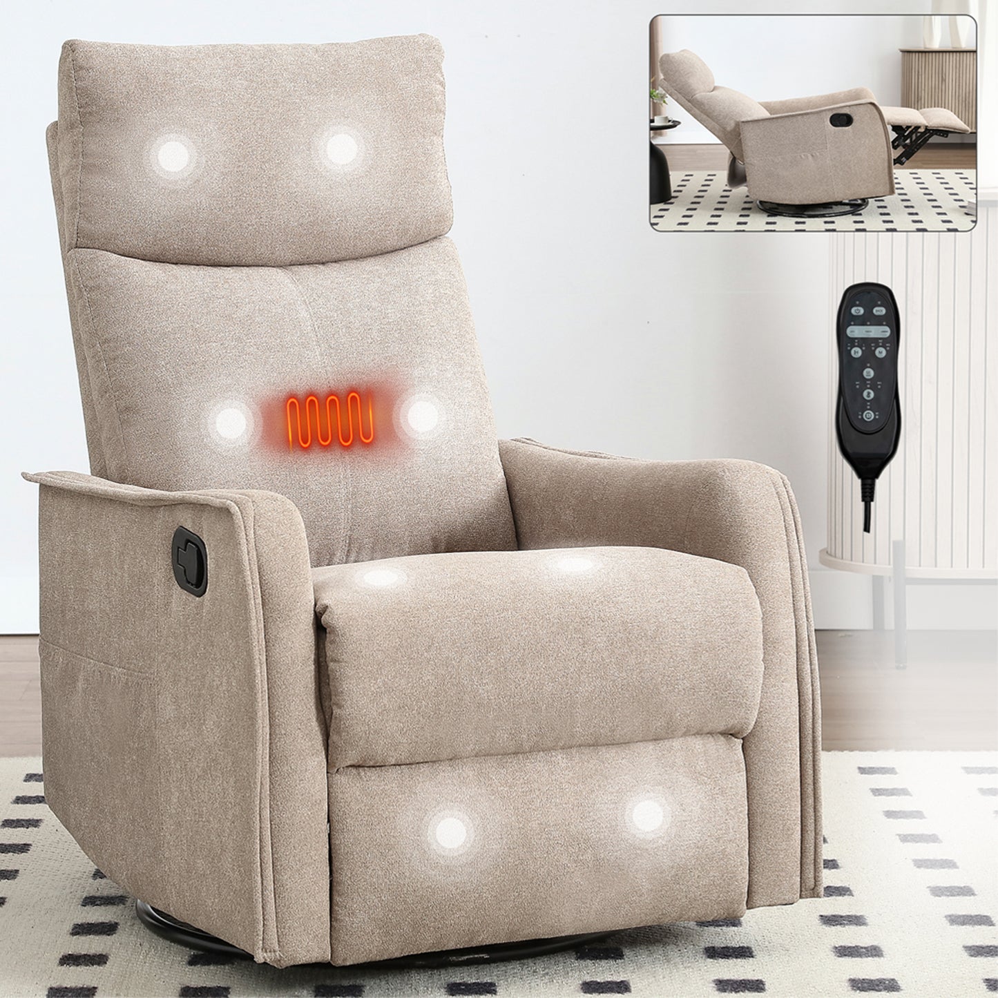 SYNGAR Swivel Rocker Recliner Chair for Living Room, Manual Reclining Chair with Heat and Massage Function, Fabric Single Rocking Sofa with Side Pocket for Home Theater, Gray