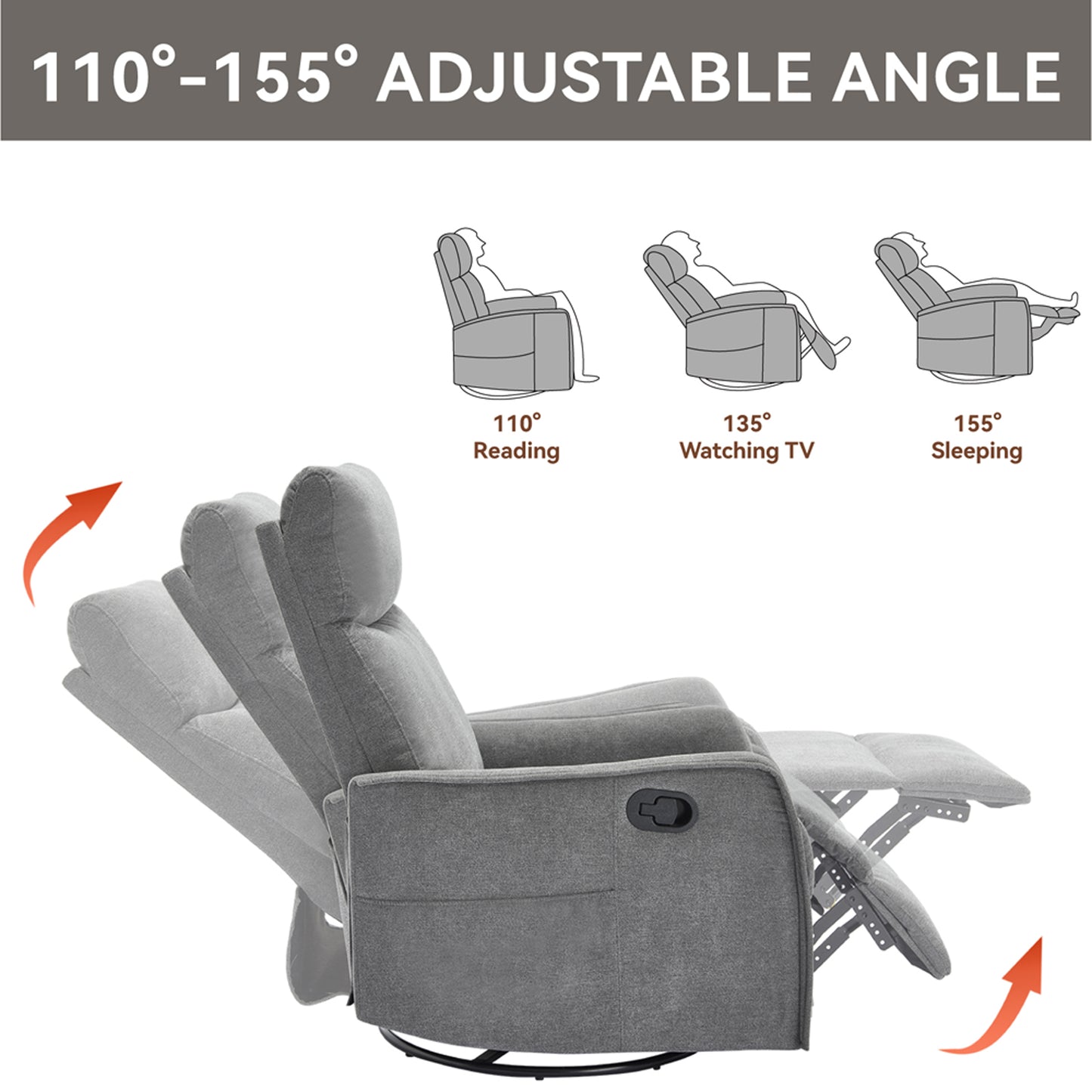 SYNGAR Swivel Rocker Recliner Chair for Living Room, Manual Reclining Chair with Heat and Massage Function, Fabric Single Rocking Sofa with Side Pocket for Home Theater, Gray