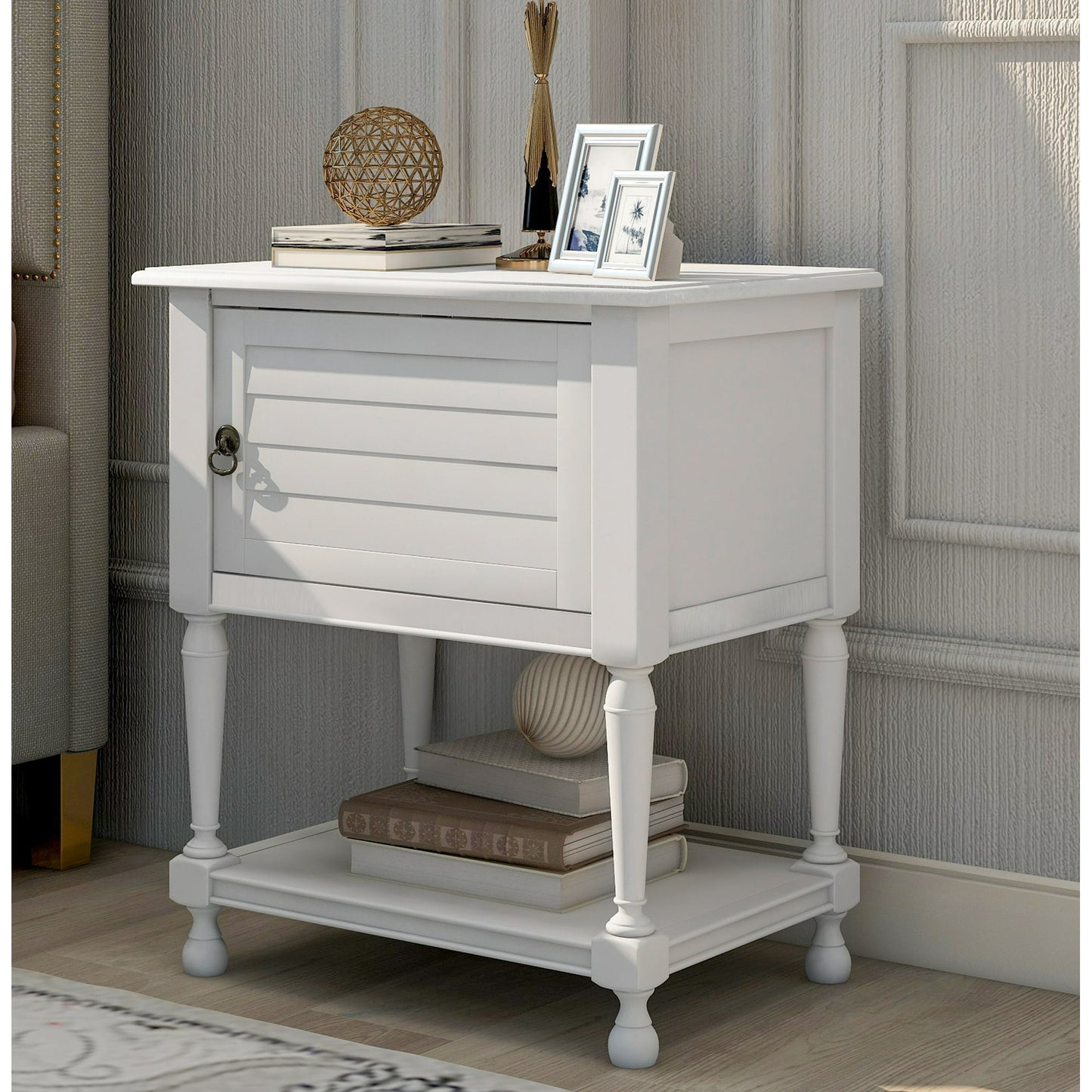 SYNGAR Gray Nightstand with Charging Station, Modern Solid Wood Nightstand with Large Slide Drawer and 2 Doors Flip Cabinet, Easy to Assemble, LJ1686