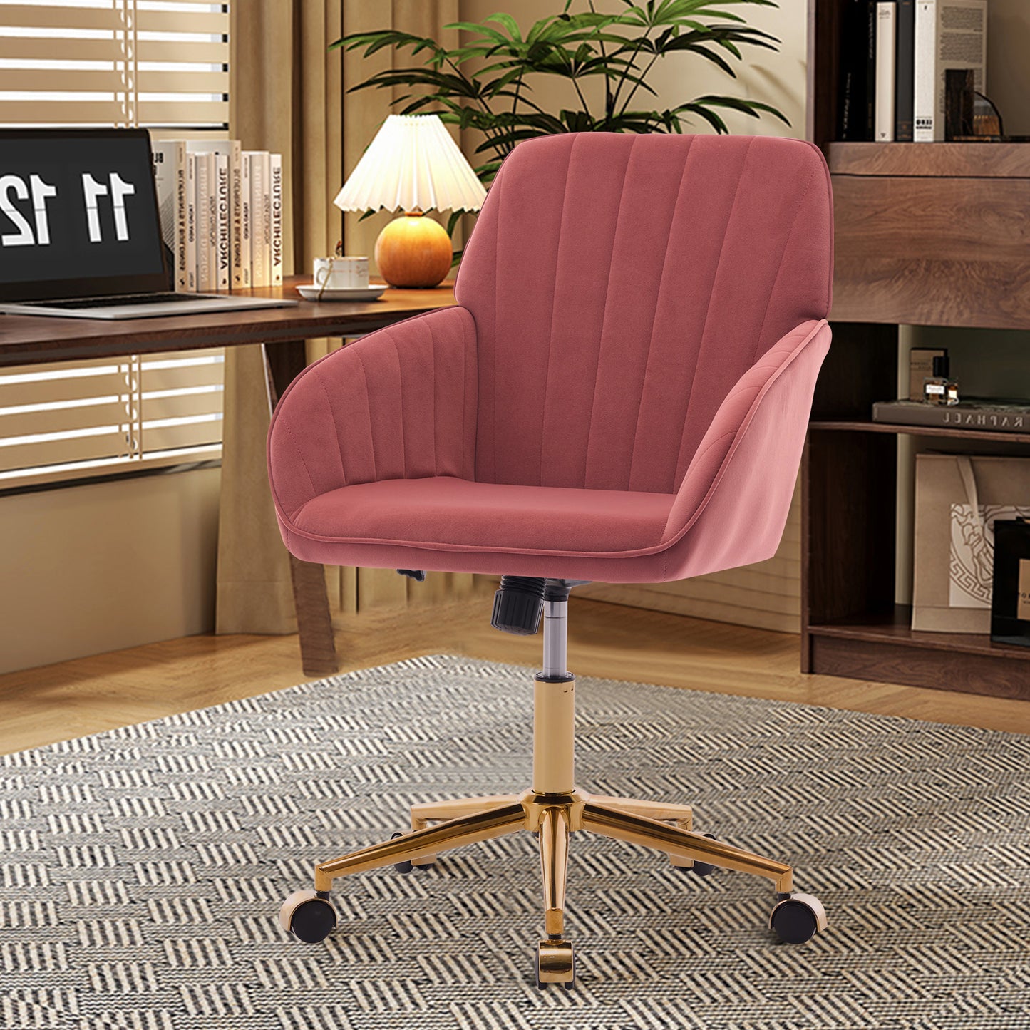 SYNGAR Office Chair with Adjustable Height, Modern Mid Back Soft Criss Cross Chair with Wheels Velvet Swivel Computer Home Task Chairs Ergonomic Executive Chair with Armrests, Rose Red