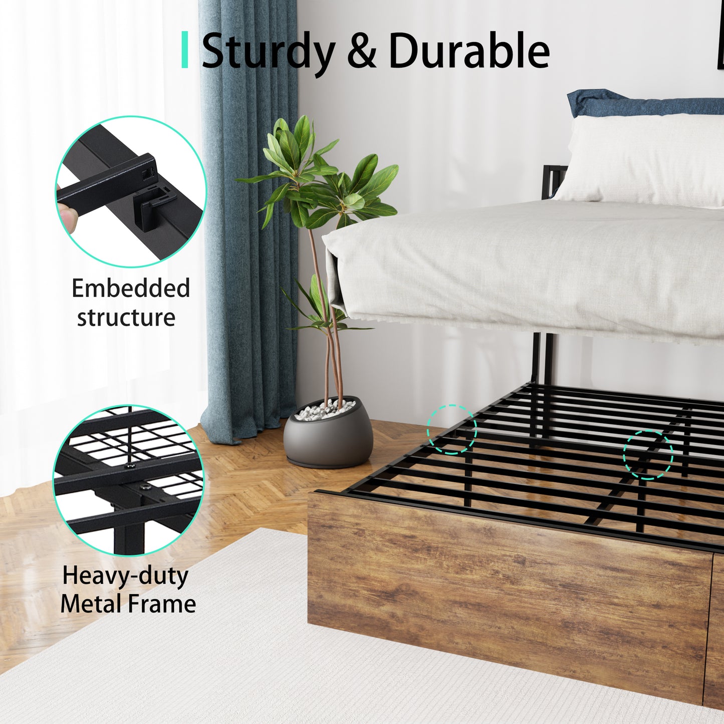SYNGAR Platform Bed Frame Full Size with Storage Headboard, LED Lights and USB Ports and Outlets, Industrial Metal Full Bed Frame with Slat Support, Noise Free, No Box Spring Needed, Rustic Brown