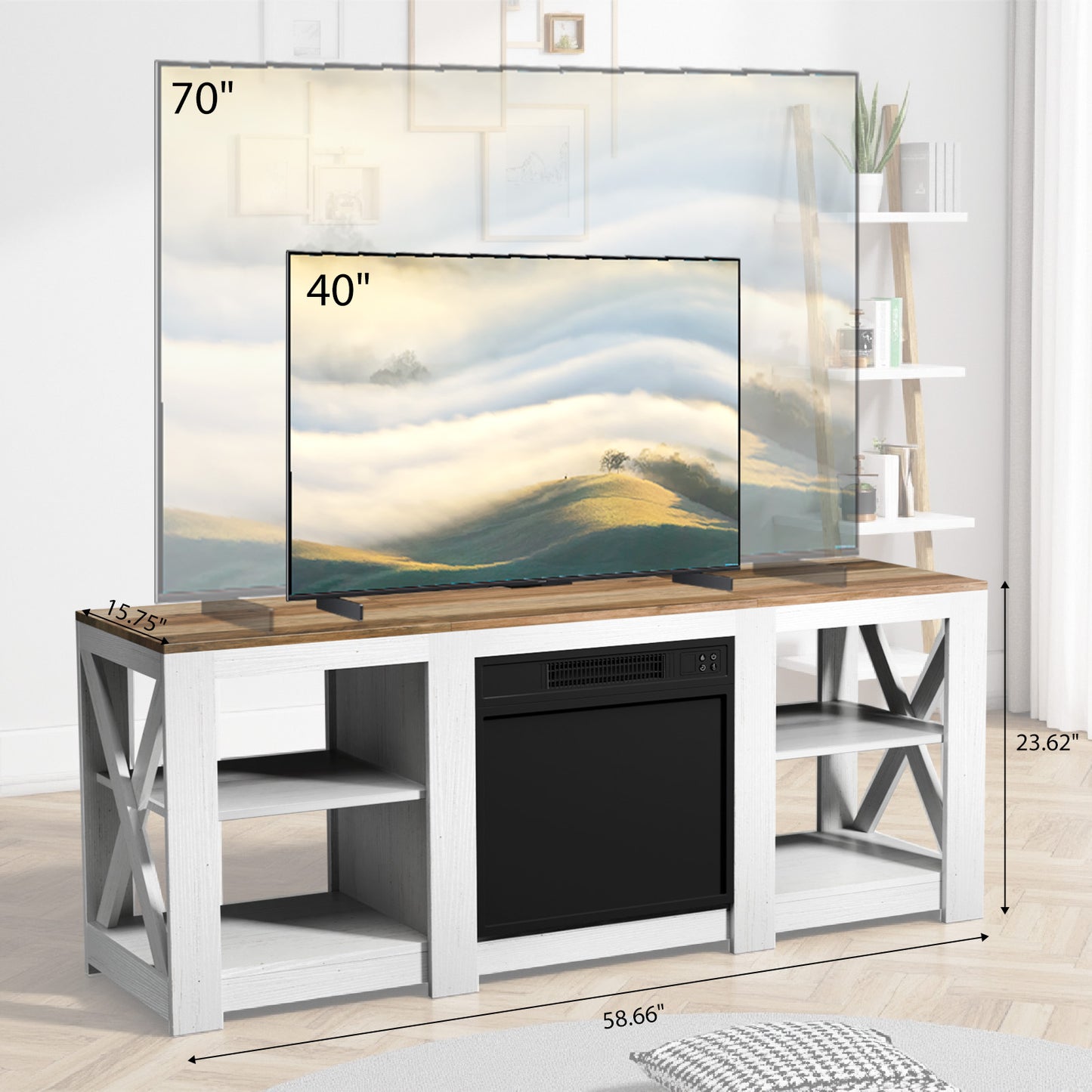 SYNGAR 58" Fireplace TV Stand with 18" Electric Fireplace with 6 Flame Colors, Entertainment Center with Open Shelves Storage, Modern Television Table Center for Living Room, White