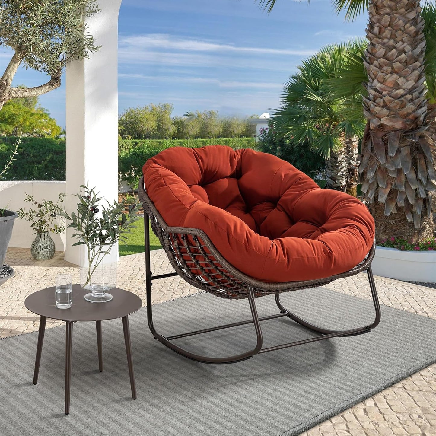 Syngar Outdoor Rocking Chair, Patio Oversized Wicker Egg-Shaped Rocker Chair with Gray Padded Cushion, Indoor & Outdoor Comfy Lounge Recliner Chair for Balcony, Poolside, Garden, Backyard, Deck
