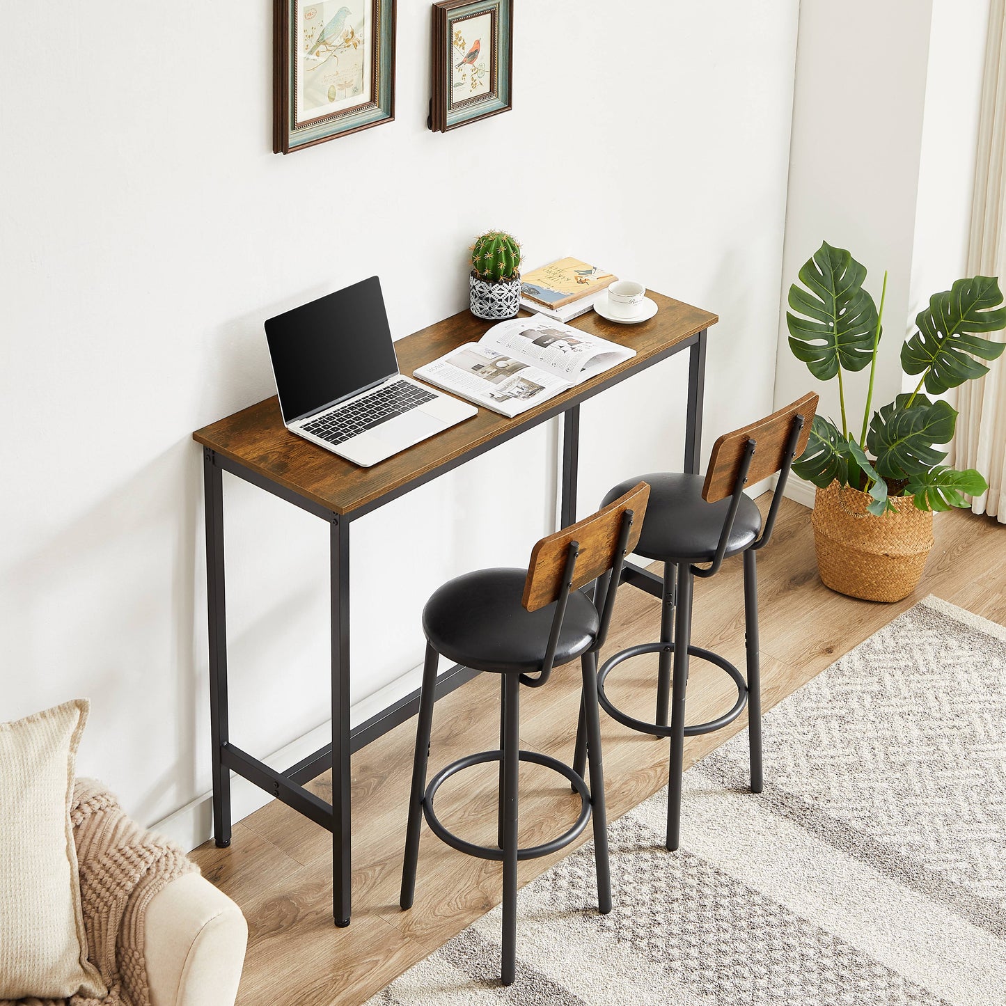 SYNGAR 5 Piece Bar Table Set, Modern Counter Height Dining Set, Home Dining Table and Chairs Set for 4, Kitchen Breakfast Table Set with 4 Cushioned Stools, Bistro Pub Table Set, Rustic Brown