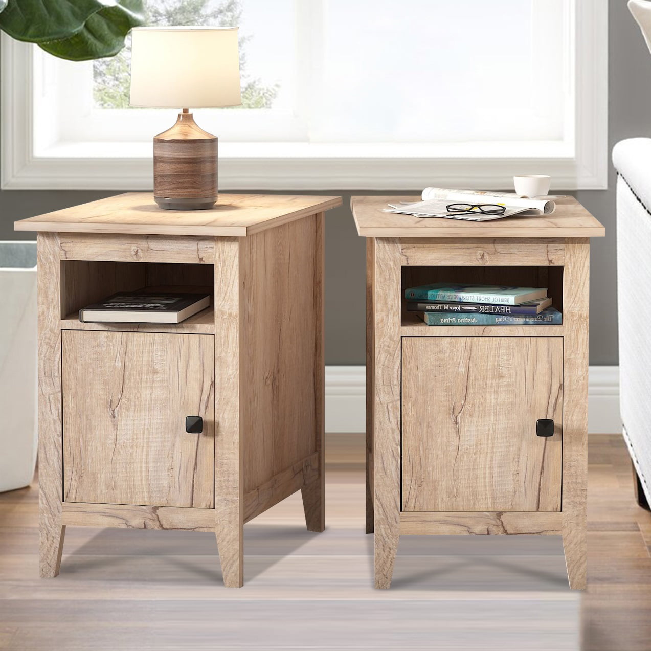 SYNGAR Nightstand for Bedroom Set of 2, Nightstand with Storage Cabinet and Shelf for Living Room, Taupe
