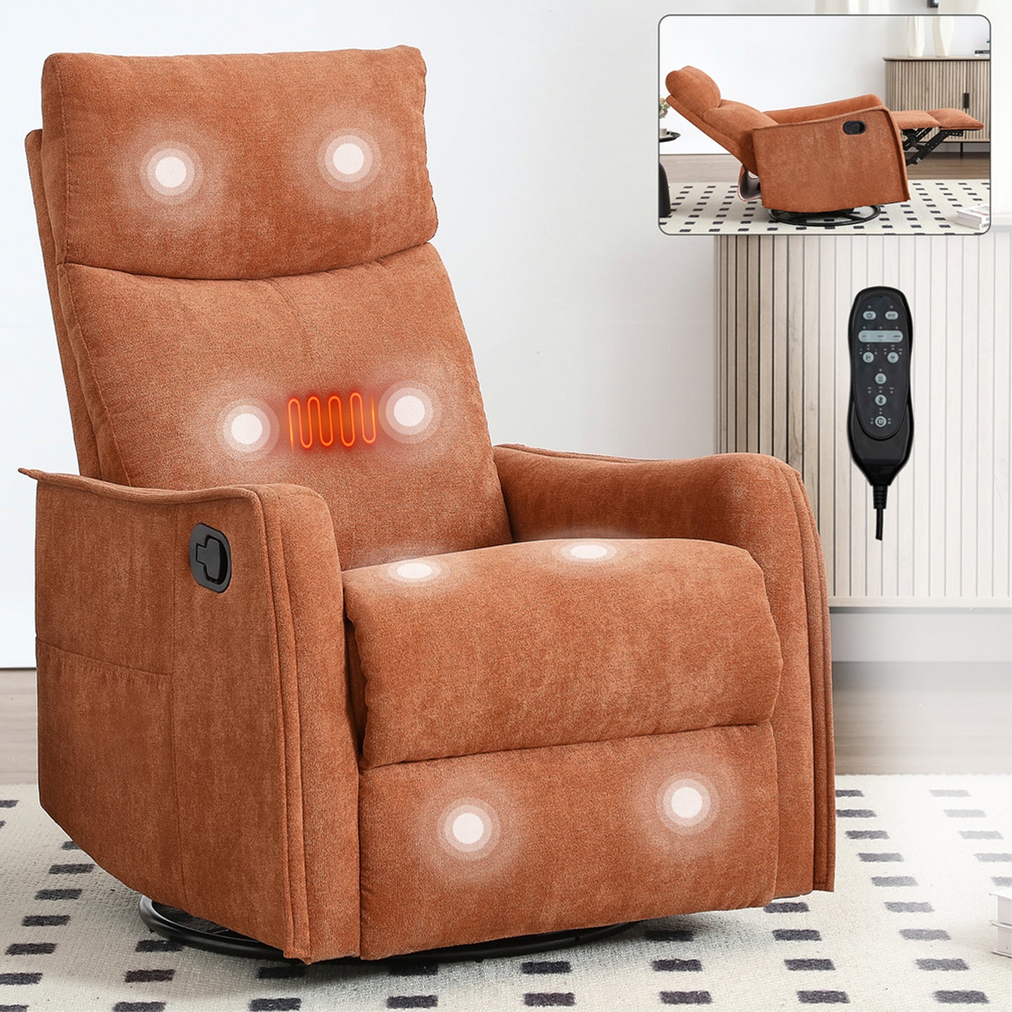 SYNGAR Swivel Rocker Recliner Chair for Living Room, Manual Reclining Chair with Heat and Massage Function, Fabric Single Rocking Sofa with Side Pocket for Home Theater, Gray