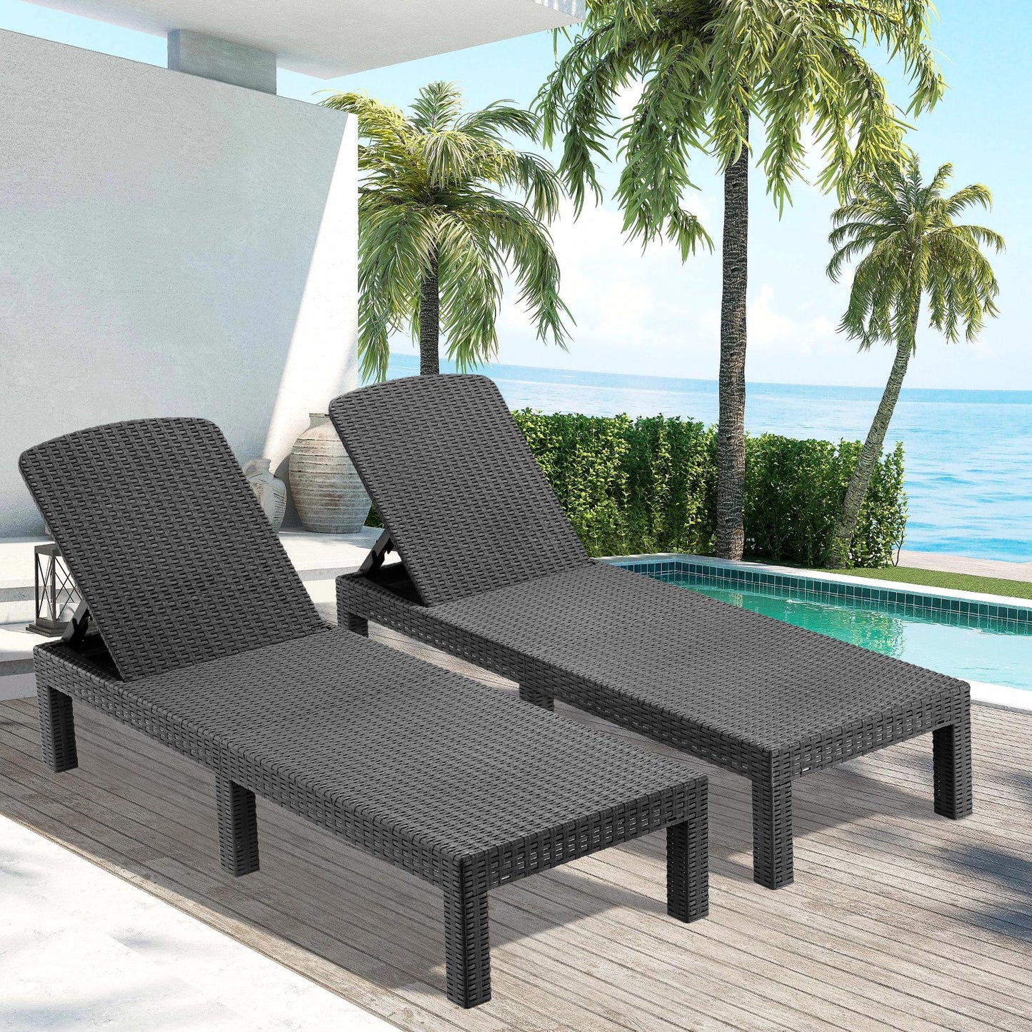 SYNGAR Patio Chaise Lounge Chairs Set of 2, Adjustable Chaise for Outside, PP Resin Reclining Lounge Chairs, Outdoor Sun Loungers for Poolside Deck Garden, Gray