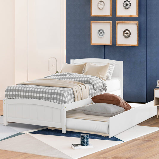 Twin Platform Bed Frame with Trundle, Solid Wood Bunk Bed Kids Bed for Boys Girls Adults, White, LJ726