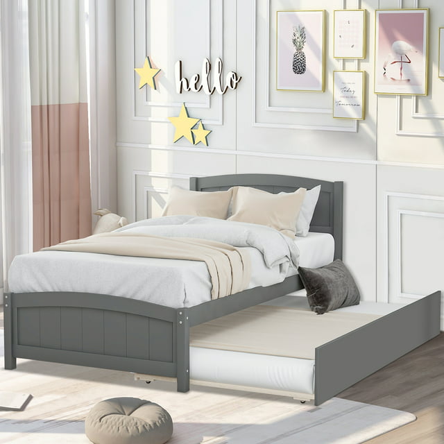 Twin Platform Bed Frame with Trundle, Solid Wood Bunk Bed Kids Bed for Boys Girls Adults, White, LJ726