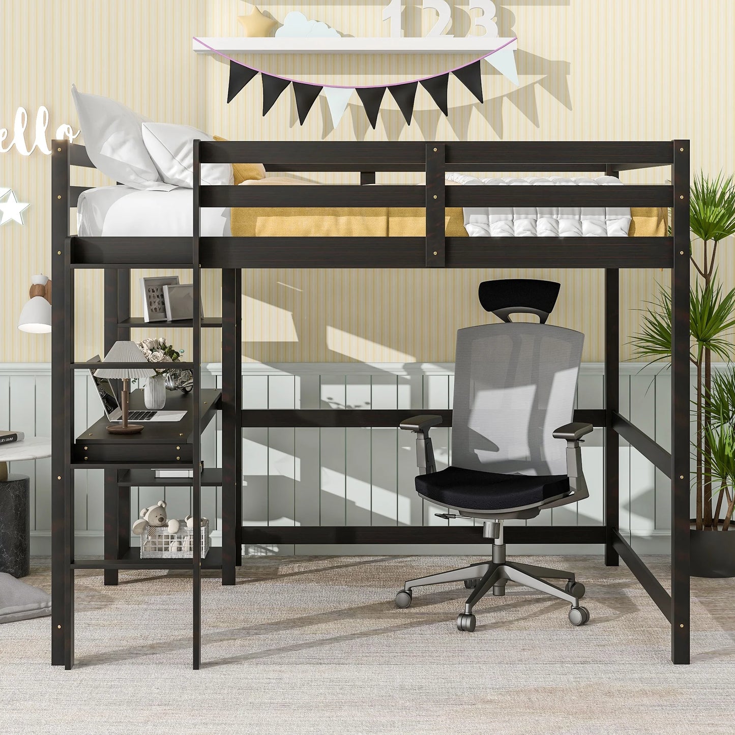 SYNGAR Twin Loft Bed with Desk, Rubber Loft Bed with Large Under Bed Storage Space, Space-Saving Bed Frame with Vertical Ladder and Safety Guard Rails for Boys Girls Kids Teens Adults, White