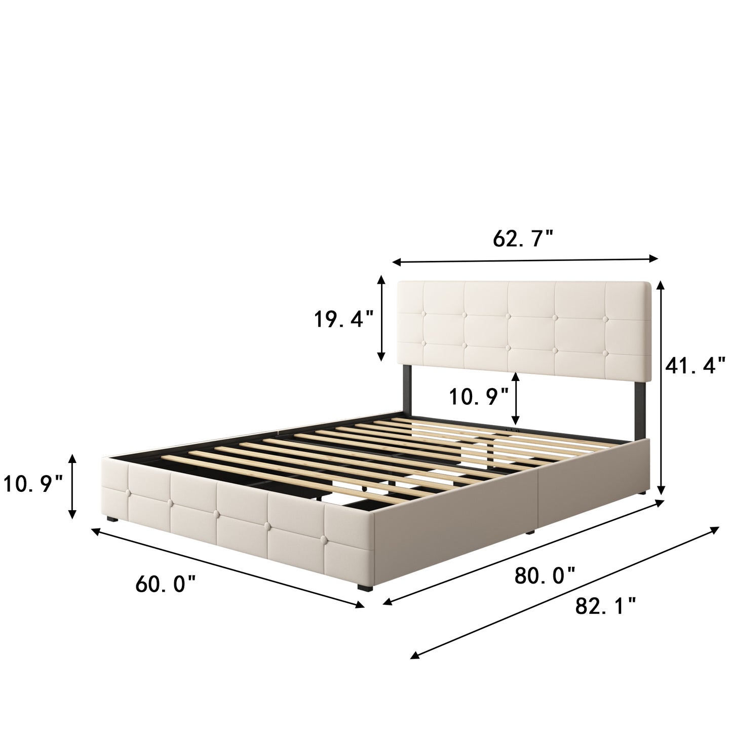 SYNGAR Storage Upholstered Queen Platform Bed Frame with 4 Drawers, Queen Size Storage Bed with Button Tufted Headboard, Metal Mattress Foundation with Strong Slats, No Box Spring Needed, Beige