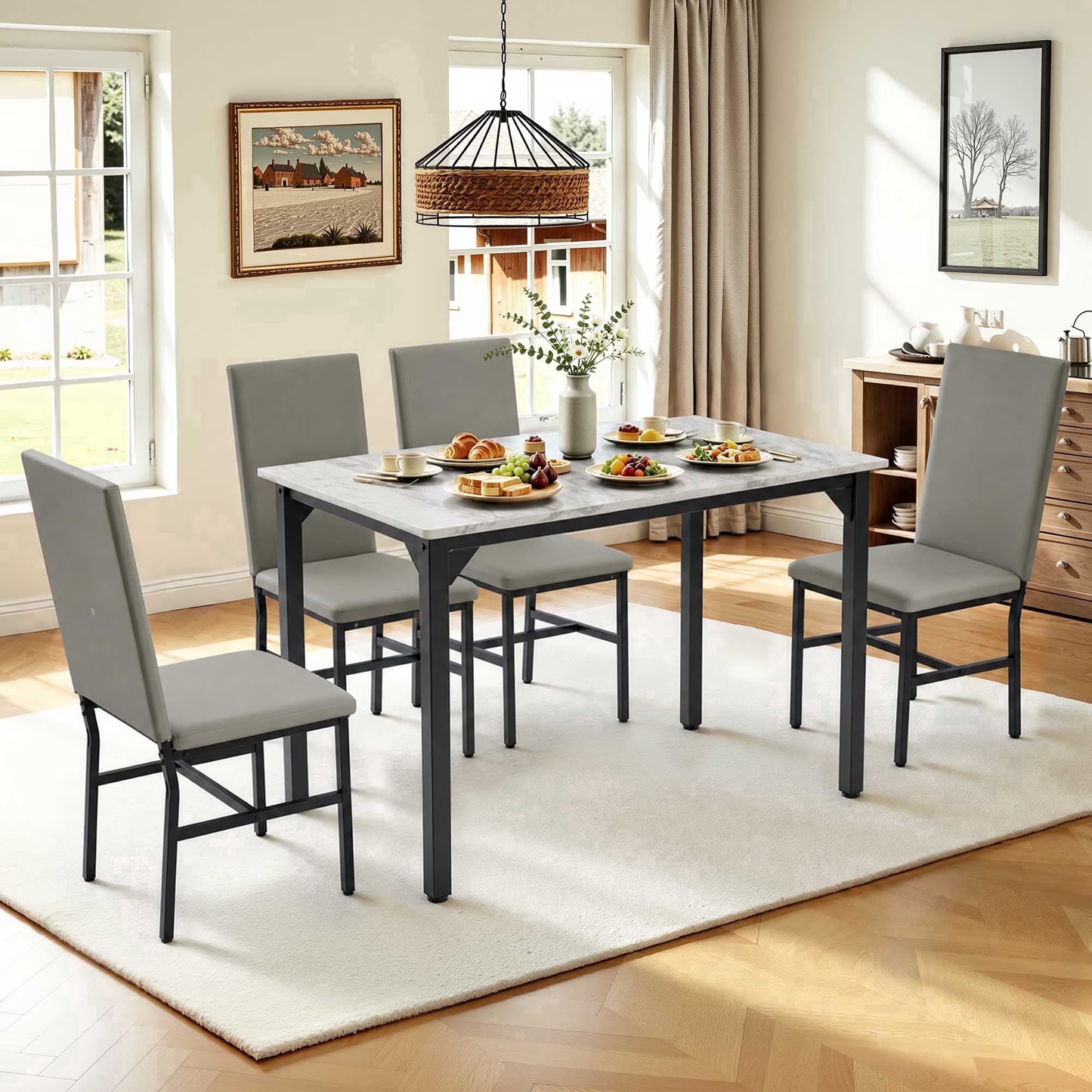 SYNGAR 5 Piece Dining Table Set for 4, Faux Marble Kitchen Table and 4 PU Leather High-Back Chairs, Breakfast Nook Set for Small Space