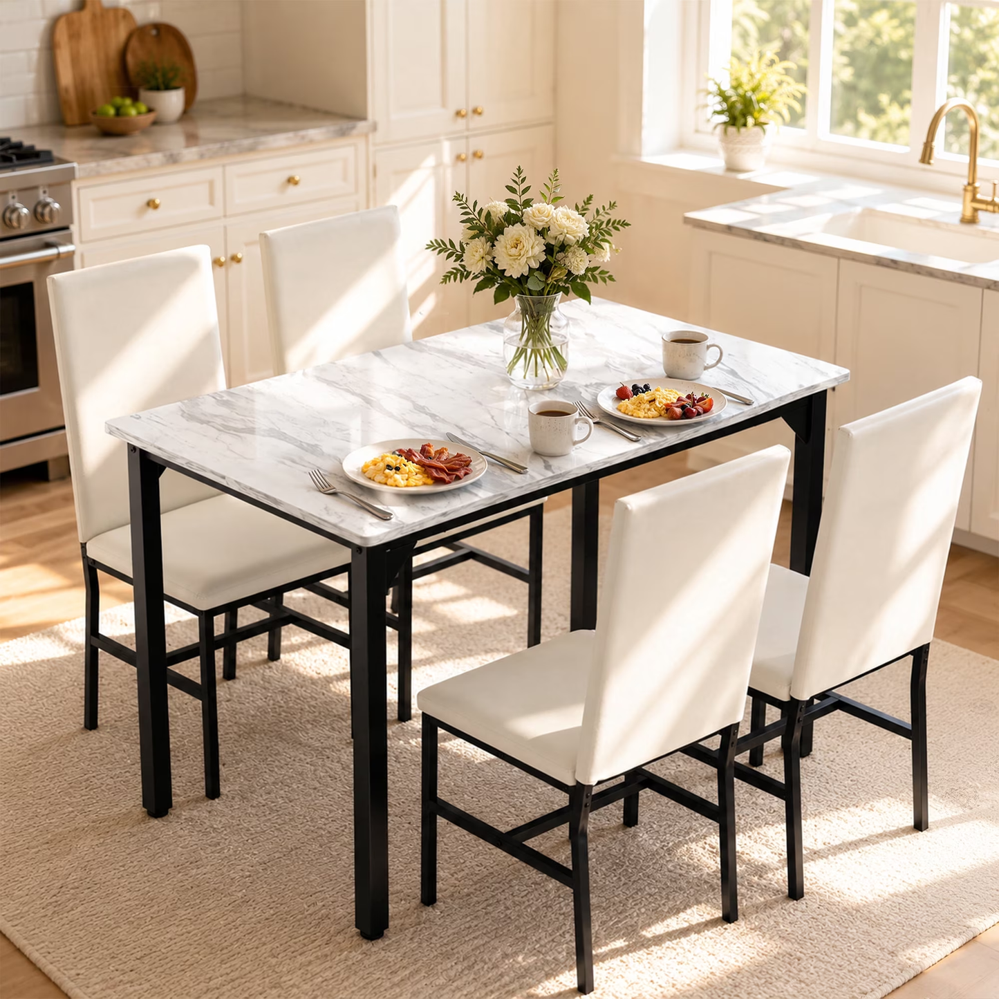 SYNGAR 5 Piece Dining Table Set for 4, Thickened Faux Marble Kitchen Table and 4 Upholstered Chairs, Breakfast Nook Dinette Set for Small Spaces, White Chair/White Tabletop
