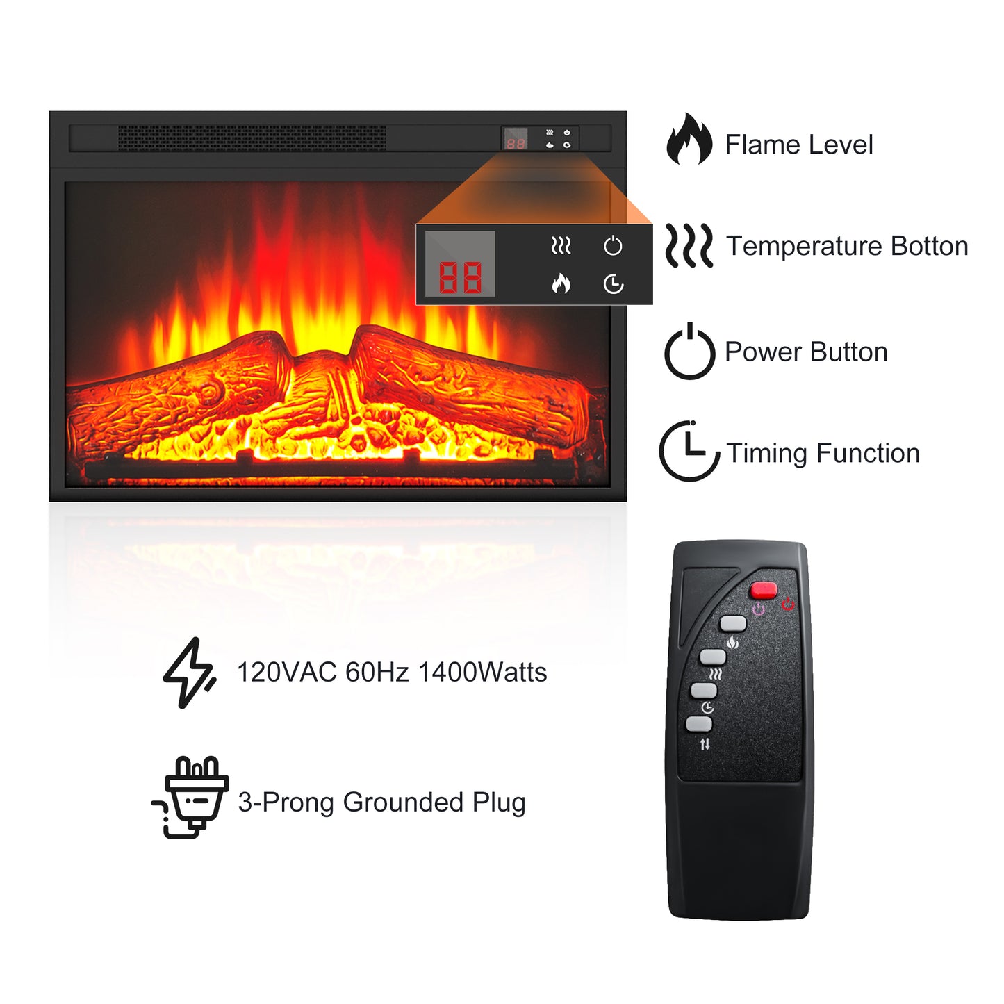 SYNGAR Fireplace Electric TV Stand for 65" TV with LED Light, Modern Entertainment Center With Remote Control Virtual Flame Fireplace, 2 Cabinet Storage, Glass Door, Storage Shelves,Black