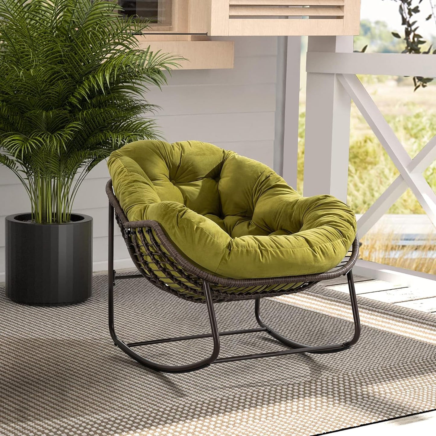 Syngar Outdoor Rocking Chair, Patio Oversized Wicker Egg-Shaped Rocker Chair with Gray Padded Cushion, Indoor & Outdoor Comfy Lounge Recliner Chair for Balcony, Poolside, Garden, Backyard, Deck