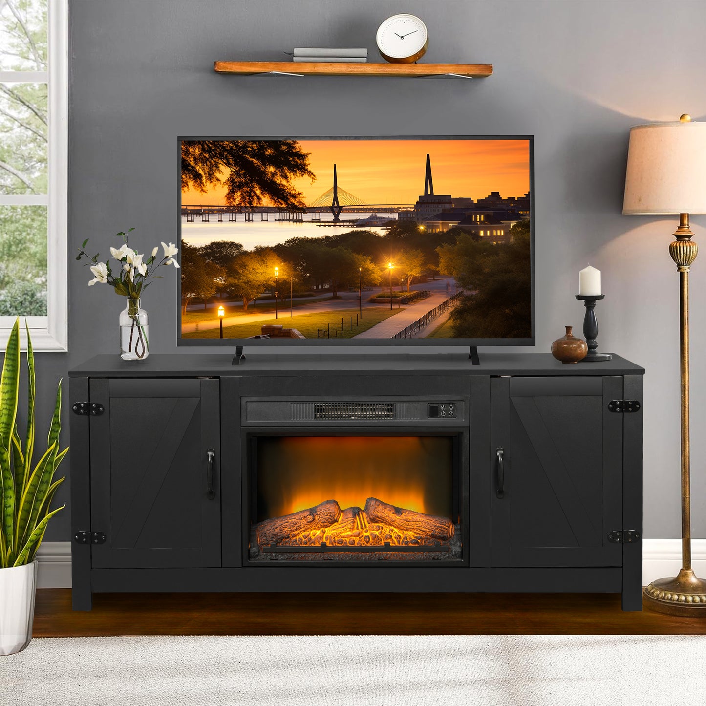 Fireplace TV Stand for TVs up to 65 inches, 58 Inch, Black