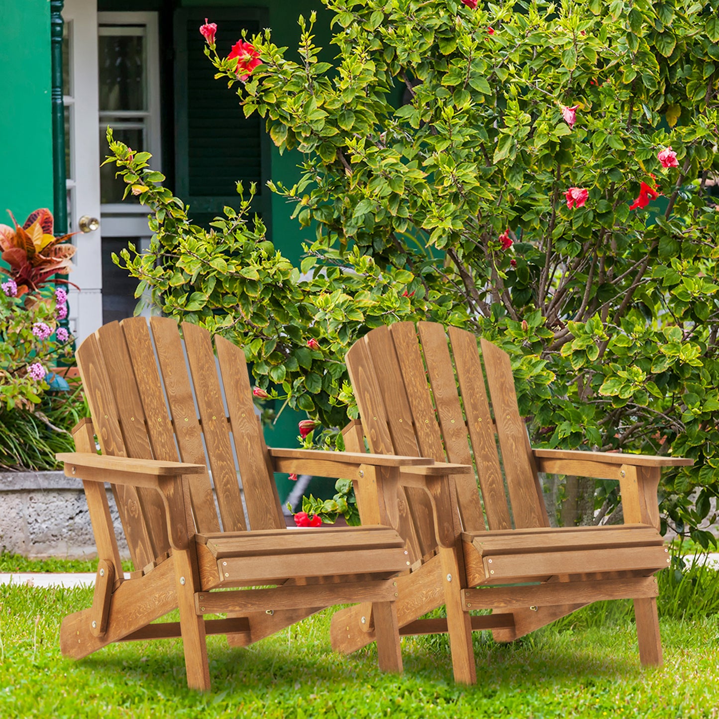 Syngar Oversized Folding Adirondack Chair, Outdoor Lounge Chair with Backrest, Half Pre-Assembled Wooden Accent Furniture Chair, for Patio, Garden, Porch, Poolside, Max 380lbs, Light Brown