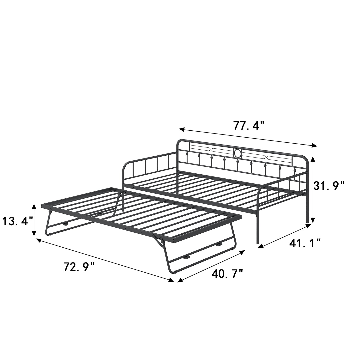 SYNGAR Twin Size Daybed with Pop Up Trundle for Kids Adults, Modern Metal Sofa Bed Platform Bed with Adjustable Trundle Can be Risen as High as Bed, Strong Steel Slat Support, Black