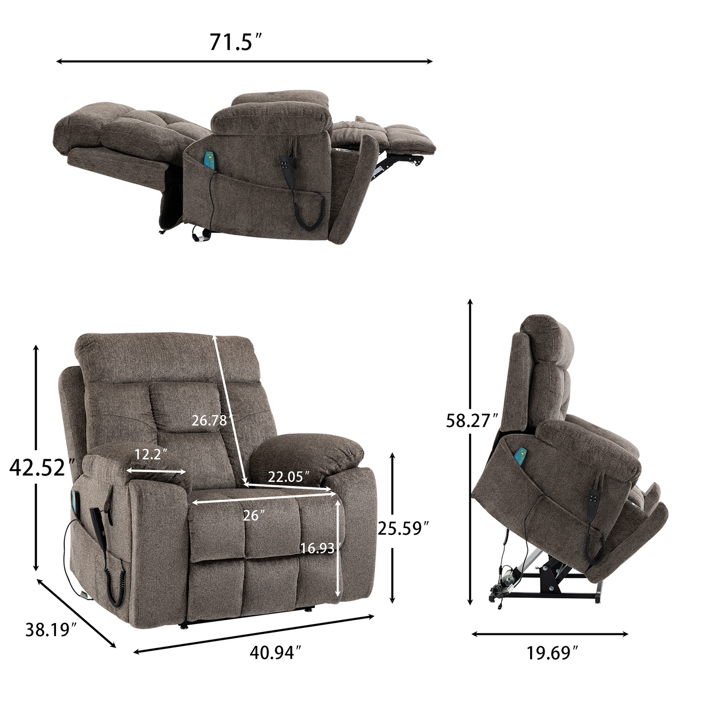SYNGAR Large Power Lift Chair Recliner Oversized for Elderly, Heavy Duty Electric Lift Recliner with Heat Therapy and Massage, 180 Degrees Lying Flat Recliner Sofa for Tall Men, Dark Brown