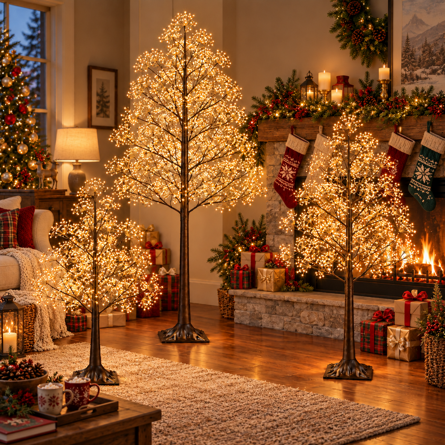 Syngar 3-Piece Lighted Birch Tree Set, 2560 Warm White LEDs, 4FT/5FT/6FT Pre-Lit Christmas Trees with 6H On/18H Off Timer, 12V Indoor Holiday Decor