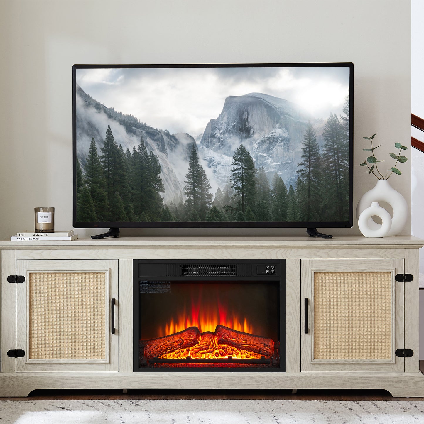 SYNGAR Electric Fireplace TV Stand for 70" TV, Farmhouse TV Stand Entertainment Center with Rattan Doors for Living Room, Wood TV Console with Adjustable Shelves, Remote Control, Gray