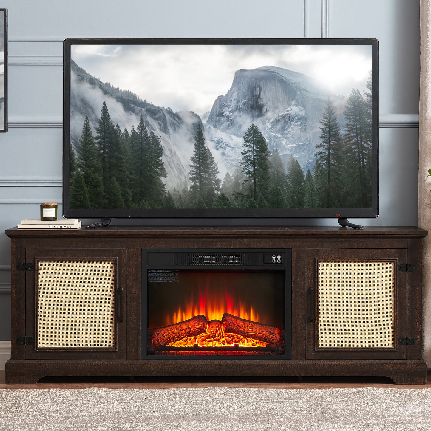 SYNGAR Electric Fireplace TV Stand for 70" TV, Farmhouse TV Stand Entertainment Center with Rattan Doors for Living Room, Wood TV Console with Adjustable Shelves, Remote Control, Gray