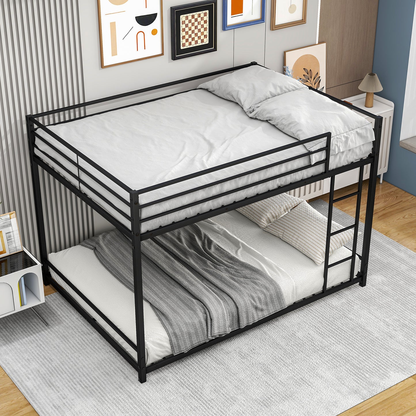 Bunk Bed Full over Full, SYNGAR Space Saver Bunk Bed with Heavy-Duty Metal Frame, Safety Guardrail & Ladder, Full Size Metal Bunk Bed Frame for Kids Boys Girls, No Box Spring Needed, C26
