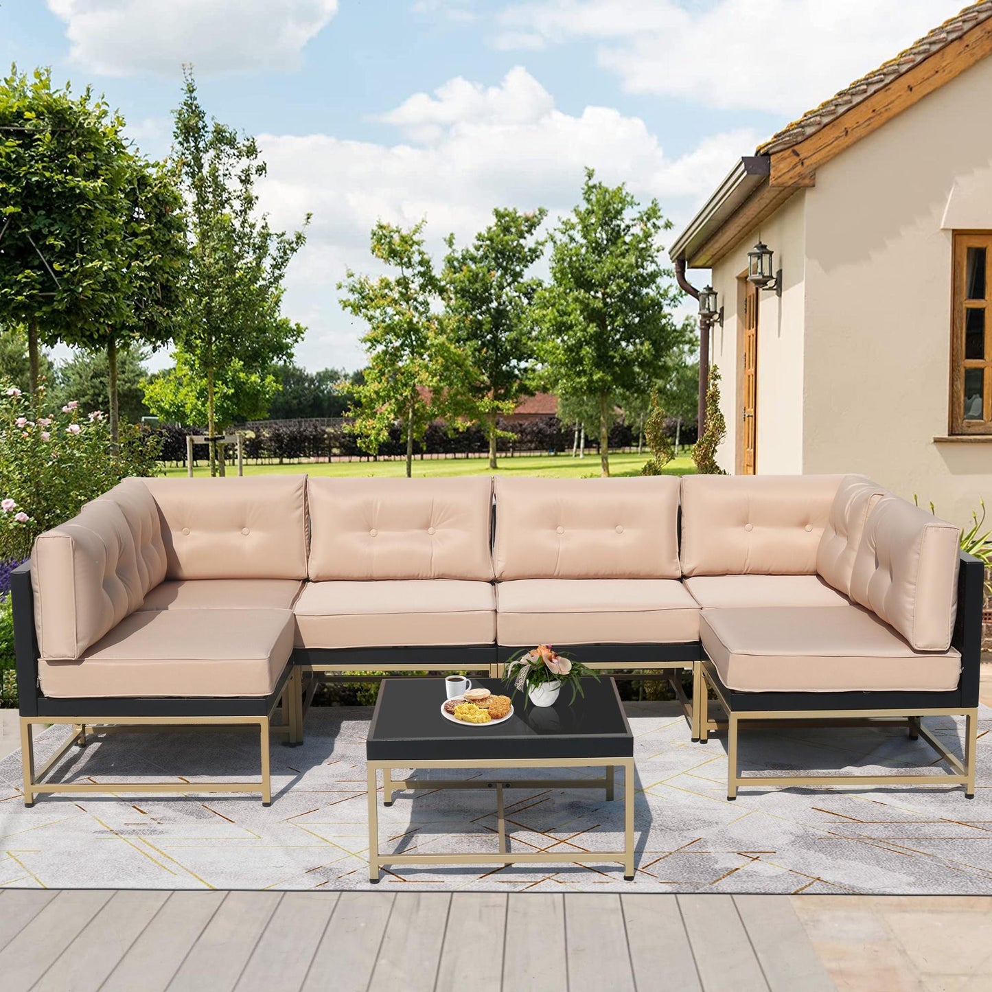 Syngar Outdoor Sofa Chairs Set, Patio Metal Furniture Set with Brown Cushions, 7 Piece Conversation Sofas with Corner Sofas, Armless Sofa and Coffee Table, for Backyard, Poolside, Deck, Balcony