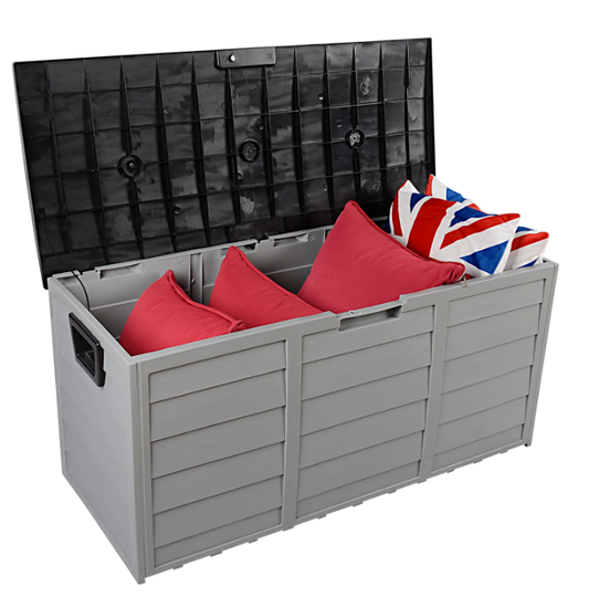 75 Gallon Resin Deck Box, SYNGAR Storage Chest on Wheels, Backyard Waterproof Storage Cabinet for Patio Furniture Cushions, Garden Tools, Kids' Toys, Black, D7228