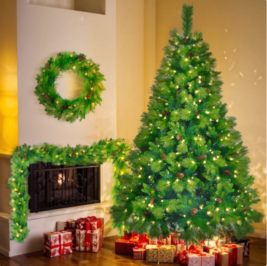 6FT Grass Green Christmas Tree, Large Branches Pine Tree, Pre-Lit Set with Tree & Garland & Wreath, Artificial Christmas with Pine Cones, Hinged Xmas Tree , for Holiday Party Ofiice Home