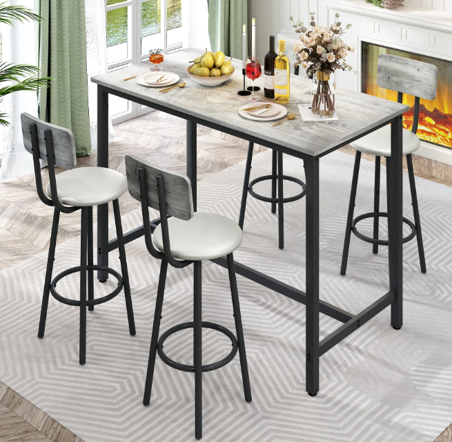Syngar Modern Bar Table Set, Kitchen Table and Chairs for 4, 5-Piece Modern Dining Furniture Set, Gray