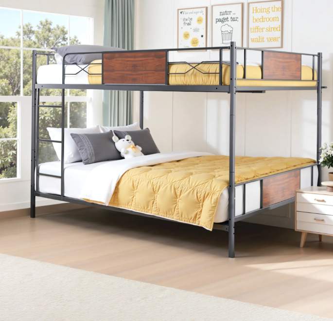 Modern Bunk Bed for Kids, Solid Wood Full Over Full Bunk Bed with Ladder and Safety Guardrail, Convertible Full Bunk Bed Frame for Kids, Teens&Adults, Gray