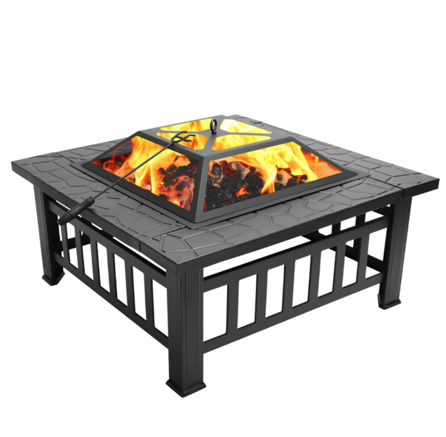 32 Inch Portable Fire Stove, Patio Wood Burning Bonfire Fire Pit Bowl with Mesh Lid, Grate, BBQ Grill and Poker, Outdoor Metal Square Fire Pit for BBQ, Camping, Picnics, Backyard, D3666