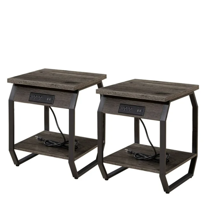 Side Table for Living Room, Nightstand Set of 2, Modern Side Cabinet with 2 Drawers, Open Shelf, Power Outlets and USB Ports, Wood End Table with Storage, Bedside Table for Bedroom, Espresso, D4683