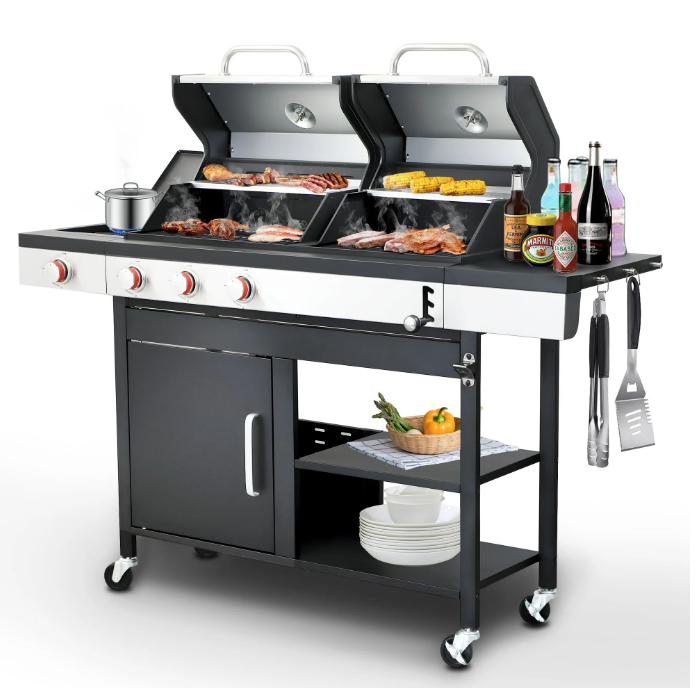 3-Burner Outdoor Gas Grill with Side Burner, 37230BTU Multi-function Grill, Heavy Duty Grill for Outdoor Barbecue, Combined with Charcoal Grill