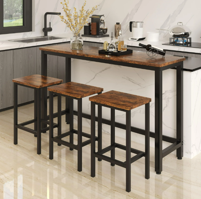 Counter Height Bar Table Set, Modern 4 Piece Dining Table Set, Long Pub Table and 3 Cushioned Stools, 3-Person Dining Table and Stools Set, Kitchen Side Table Set for Breakfast