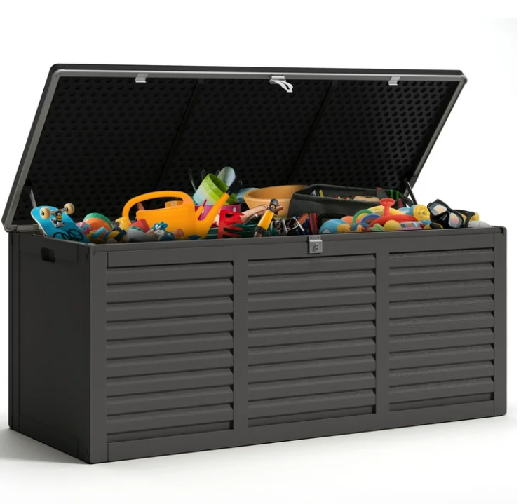 130GAL Outdoor Storage Box for Patio & Garden, Large Resin Deck Box w/ 2 Handles & Metal Hydraulic, Black