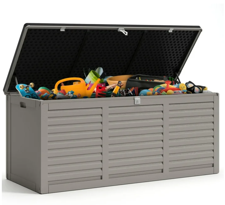 130GAL Outdoor Storage Box with 2 Handles & Metal Hydraulic, Large Resin Deck Box for Patio & Garden, Gray